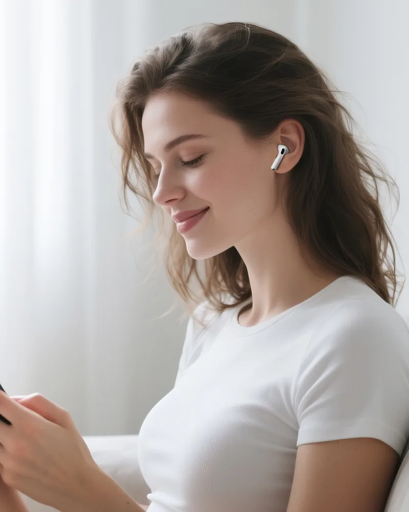 Vitech kablosuz kulaklıkla müzik dinleyen kadın